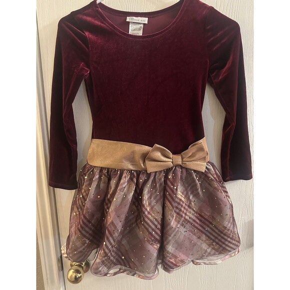 Bonnie Jean Burgundy Gold Girls Velvet Christmas Holiday Party Dress Sz 8 - Picture 1 of 4